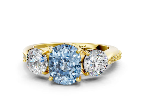 Yellow gold Three-Stone Fancy Blue Cushion Cut Diamond Channel Set Engagement Ring with Prong Setting