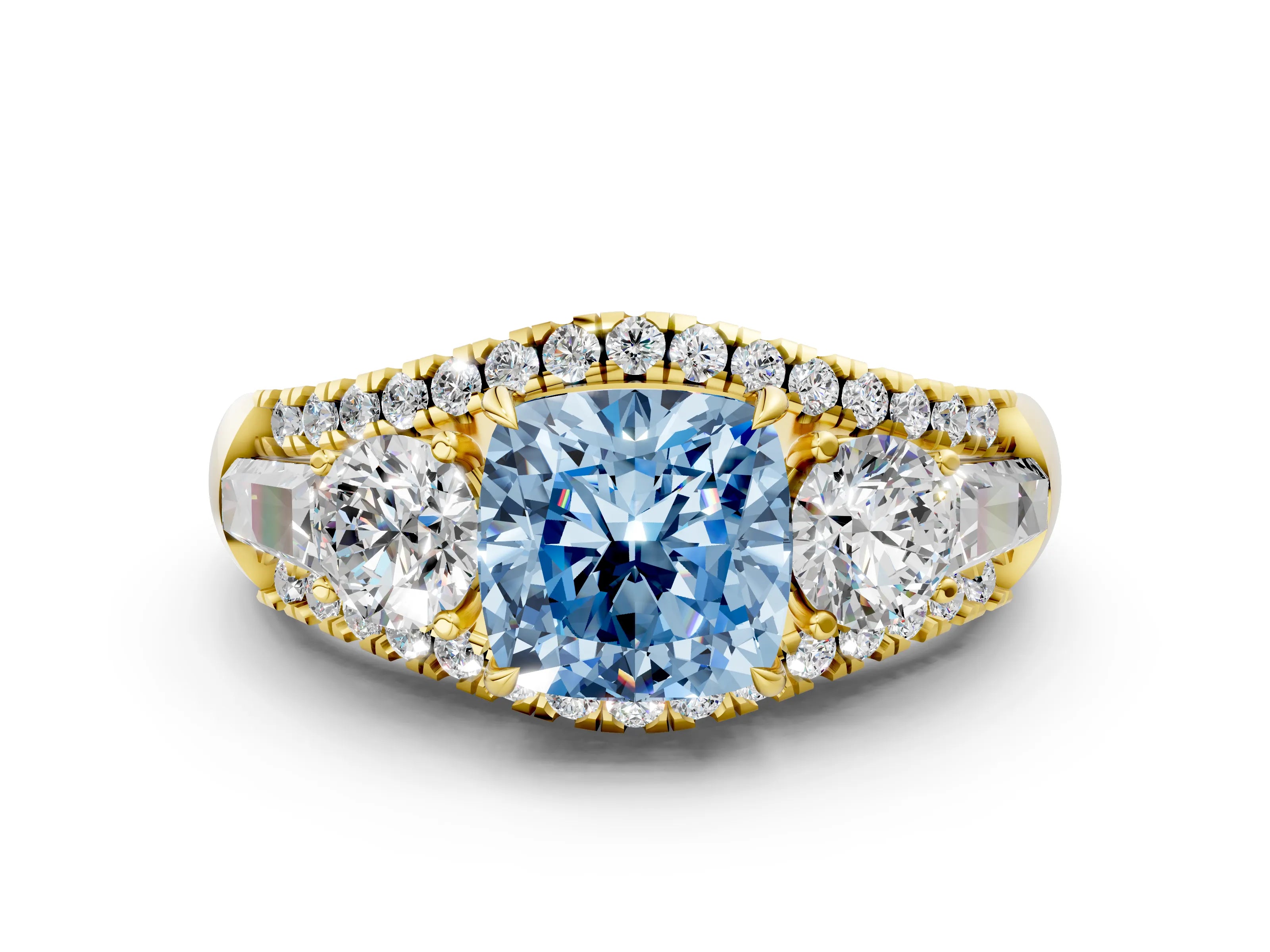 Yellow gold Three-Stone Fancy Blue Cushion Cut Diamond Engagement Ring with Pave Band and Prong Setting_12