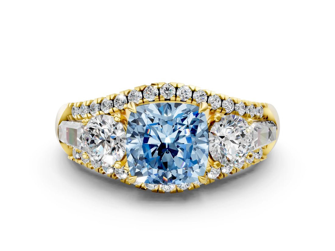 Yellow gold Three-Stone Fancy Blue Cushion Cut Diamond Engagement Ring with Pave Band and Prong Setting_12