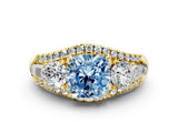Yellow gold Three-Stone Fancy Blue Cushion Cut Diamond Engagement Ring with Pave Band and Prong Setting_12