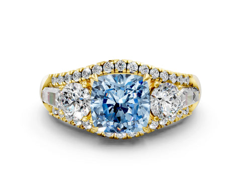 Yellow gold Three-Stone Fancy Blue Cushion Cut Diamond Engagement Ring with Pave Band and Prong Setting_12