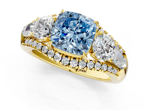 Yellow gold Three-Stone Fancy Blue Cushion Cut Diamond Engagement Ring with Pave Band and Prong Setting_13