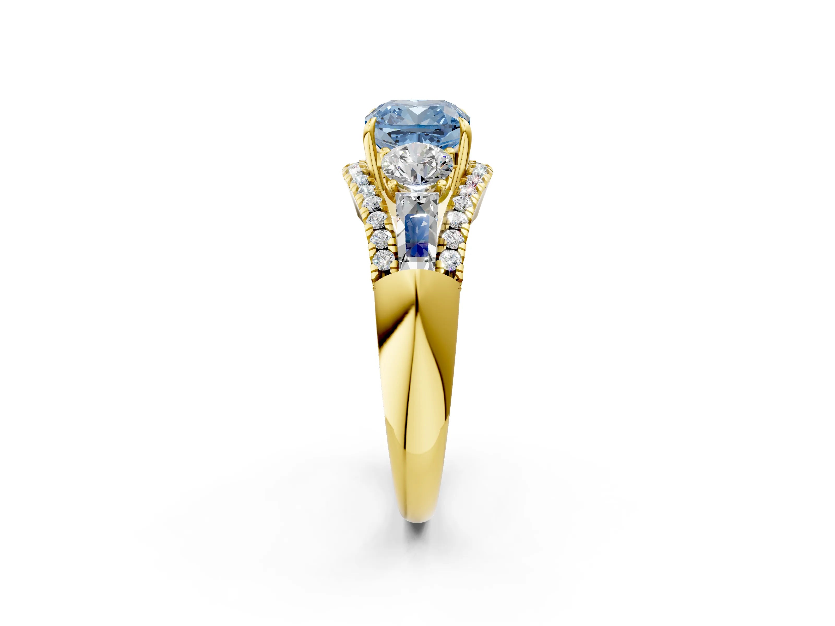Yellow gold Three-Stone Fancy Blue Cushion Cut Diamond Engagement Ring with Pave Band and Prong Setting_14
