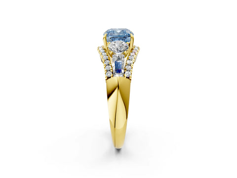 Yellow gold Three-Stone Fancy Blue Cushion Cut Diamond Engagement Ring with Pave Band and Prong Setting_14