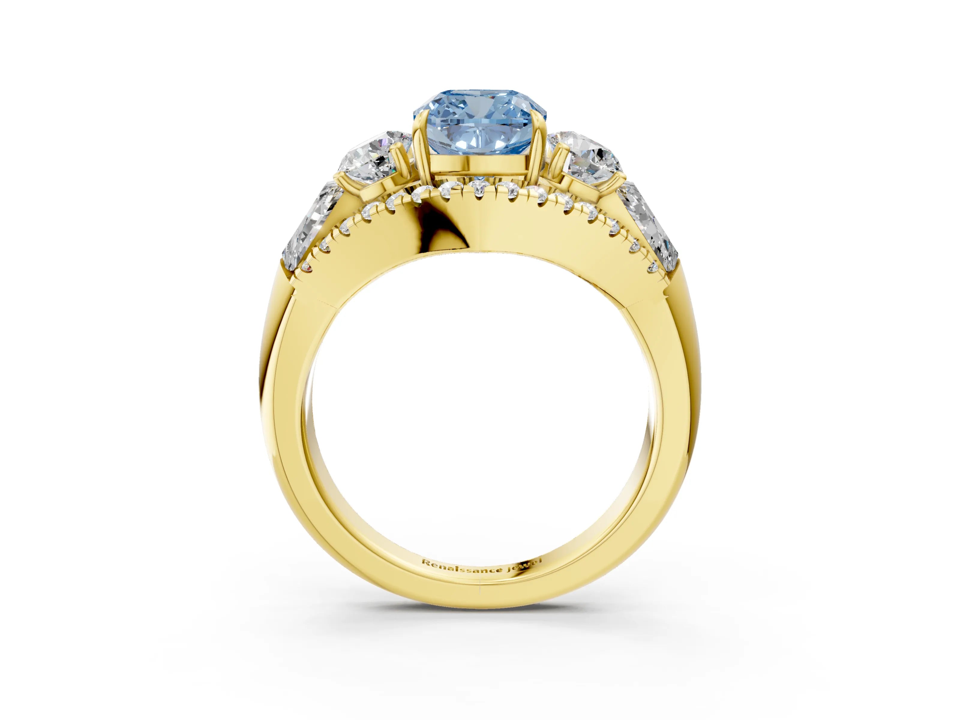 Yellow gold Three-Stone Fancy Blue Cushion Cut Diamond Engagement Ring with Pave Band and Prong Setting_15