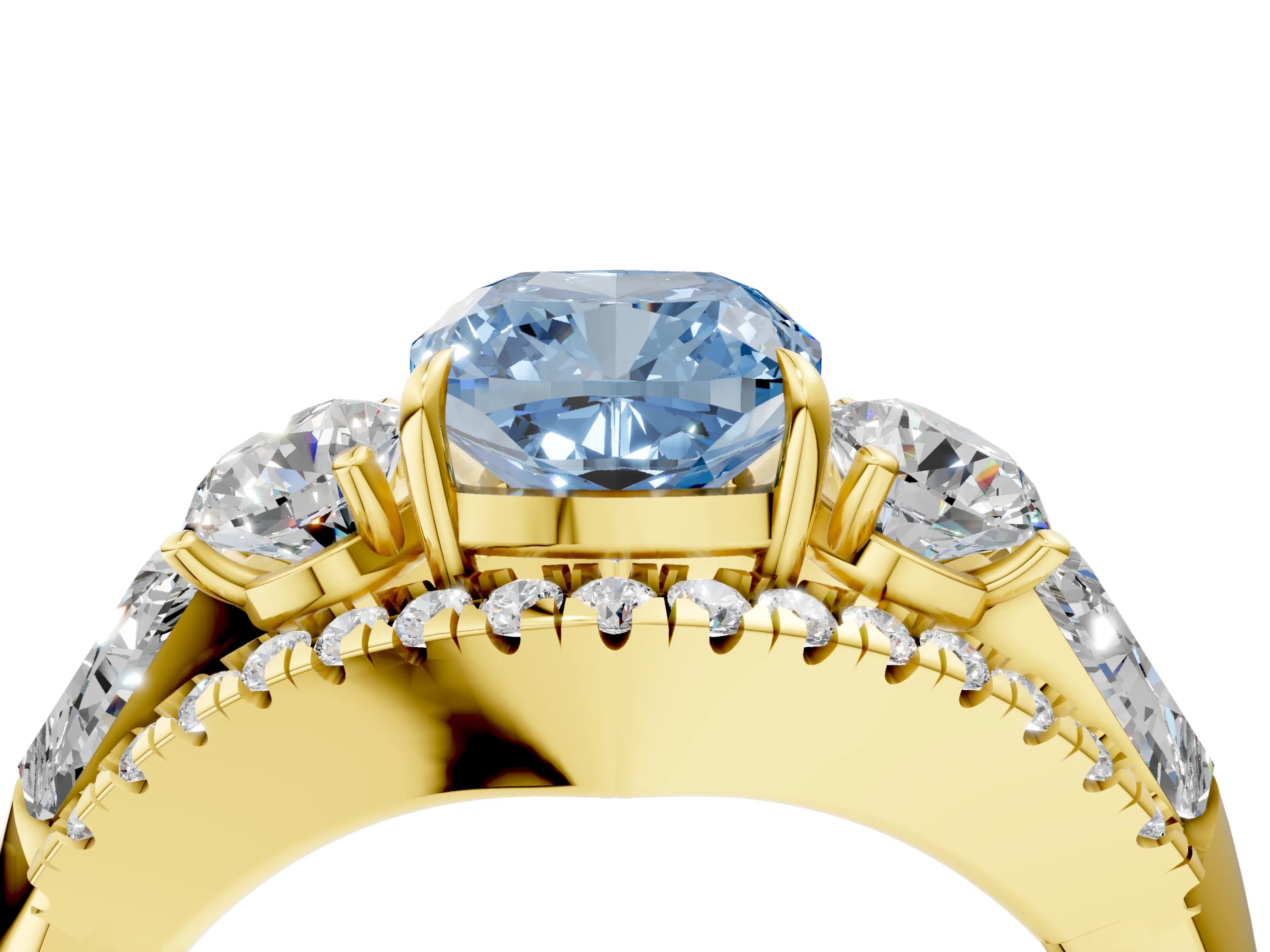 Yellow gold Three-Stone Fancy Blue Cushion Cut Diamond Engagement Ring with Pave Band and Prong Setting_16
