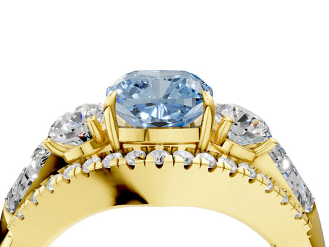 Yellow gold Three-Stone Fancy Blue Cushion Cut Diamond Engagement Ring with Pave Band and Prong Setting_16