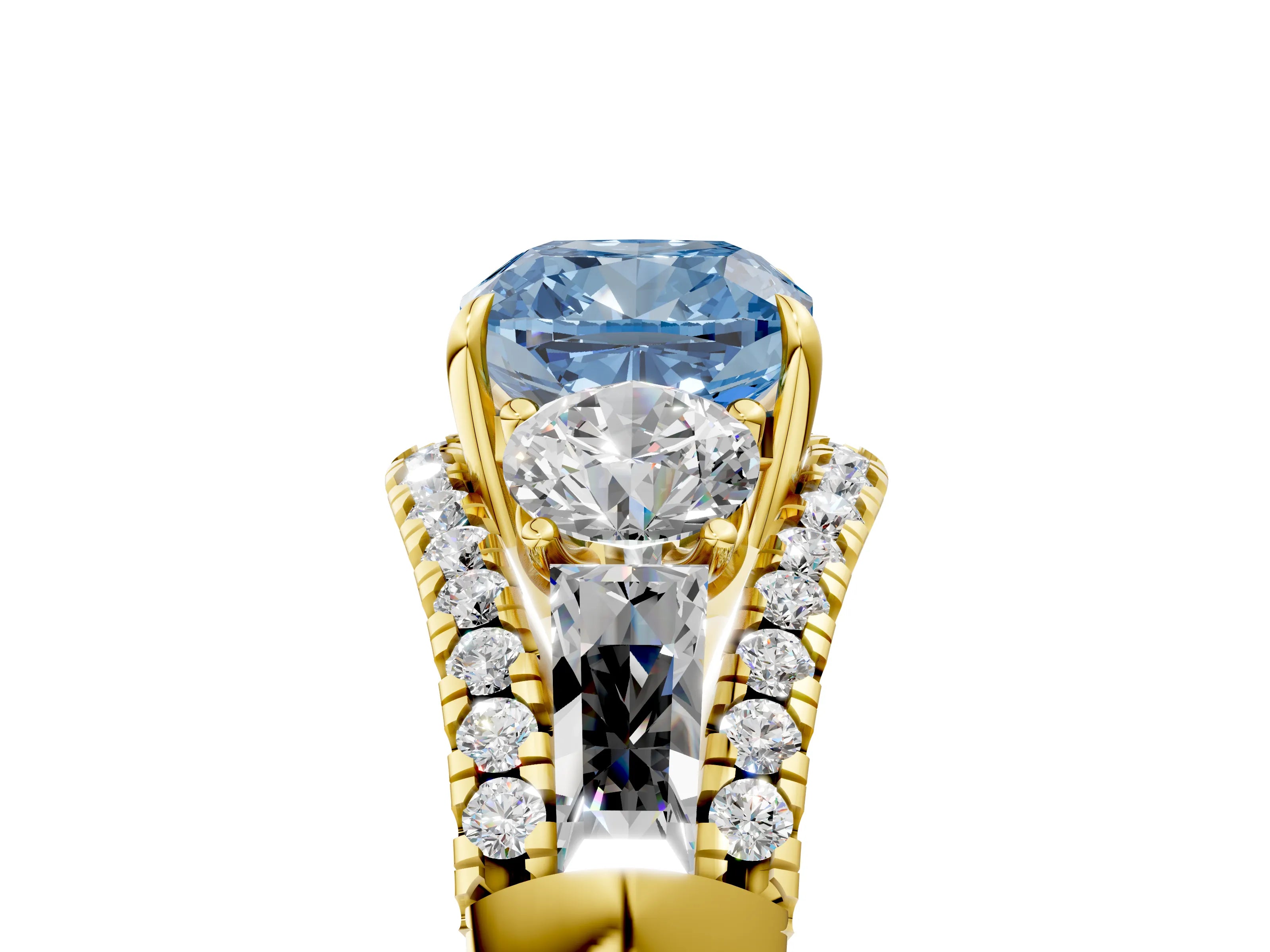 Yellow gold Three-Stone Fancy Blue Cushion Cut Diamond Engagement Ring with Pave Band and Prong Setting_17