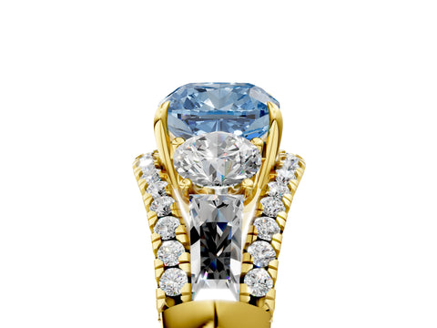 Yellow gold Three-Stone Fancy Blue Cushion Cut Diamond Engagement Ring with Pave Band and Prong Setting_17