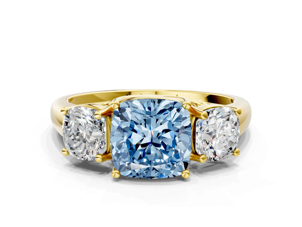 14K Yellow Gold Three-Stone 3.01 Carat Blue VVS2 Cushion Diamond Engagement Ring with Prong Setting