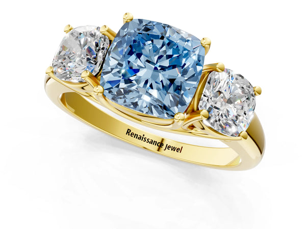 14K Yellow Gold Three-Stone 3.01 Carat Blue VVS2 Cushion Diamond Engagement Ring with Prong Setting