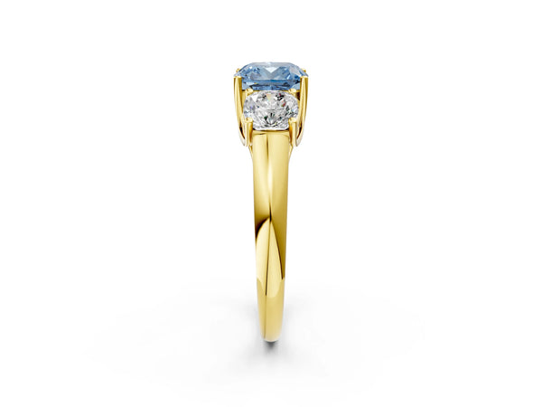 14K Yellow Gold Three-Stone 3.01 Carat Blue VVS2 Cushion Diamond Engagement Ring with Prong Setting