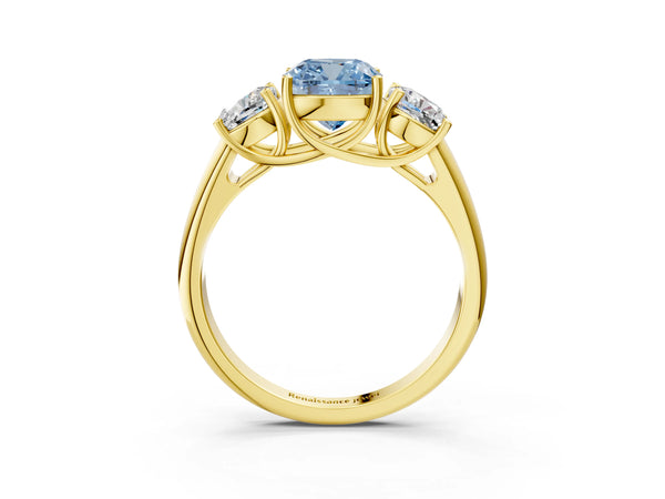 14K Yellow Gold Three-Stone 3.01 Carat Blue VVS2 Cushion Diamond Engagement Ring with Prong Setting