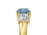 14K Yellow Gold Three-Stone 4.02 Carat Blue VVS2 Cushion Diamond Engagement Ring with Prong Setting