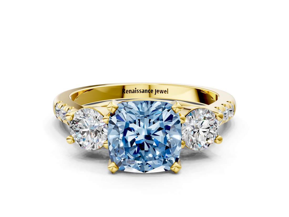 Yellow gold Three-Stone Fancy Blue Cushion  Cut Diamond Pavé Band with Four-Prong Setting_28