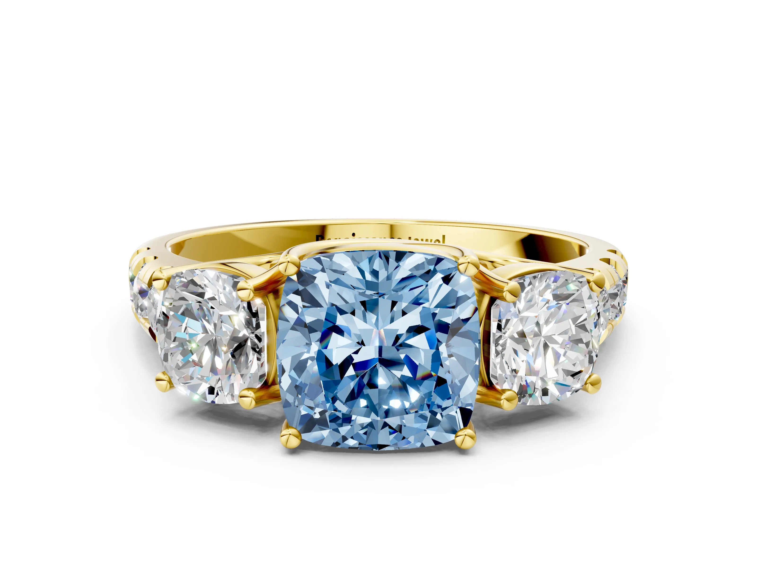 Yellow gold Three-Stone Fancy Blue Cushion Cut Diamond Pavé Band with Prong Setting