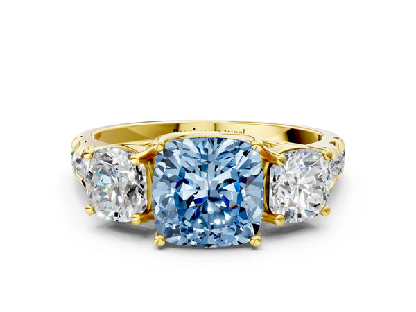 Yellow gold Three-Stone Fancy Blue Cushion Cut Diamond Pavé Band with Prong Setting