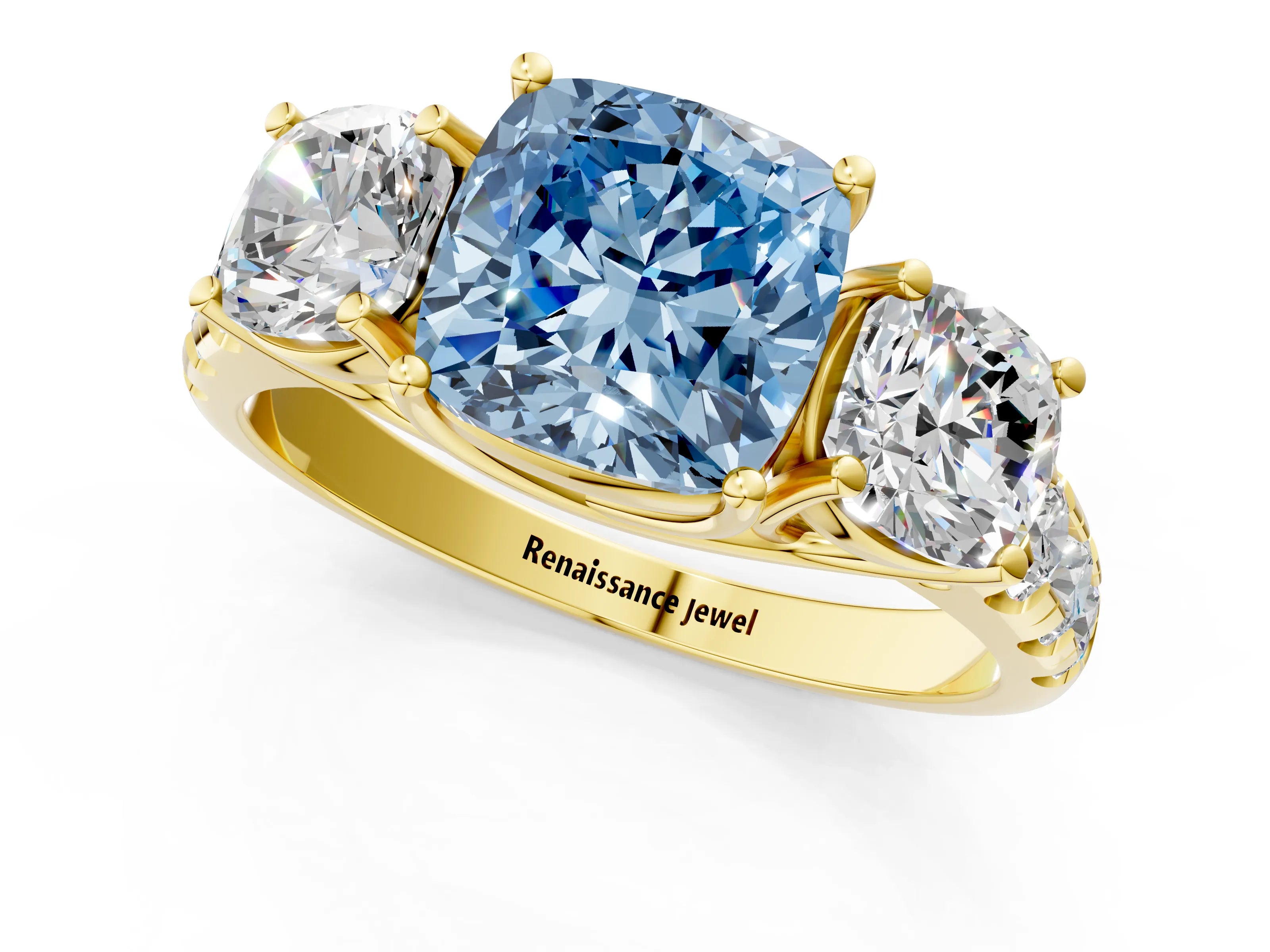 Yellow gold Three-Stone Fancy Blue Cushion Cut Diamond Pavé Band with Prong Setting_1