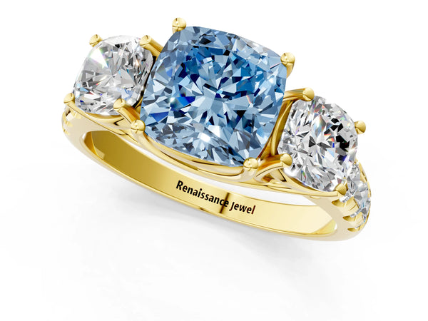 Yellow gold Three-Stone Fancy Blue Cushion Cut Diamond Pavé Band with Prong Setting