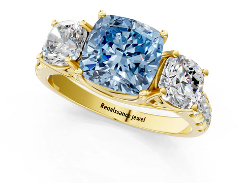 Yellow gold Three-Stone Fancy Blue Cushion Cut Diamond Pavé Band with Prong Setting_1