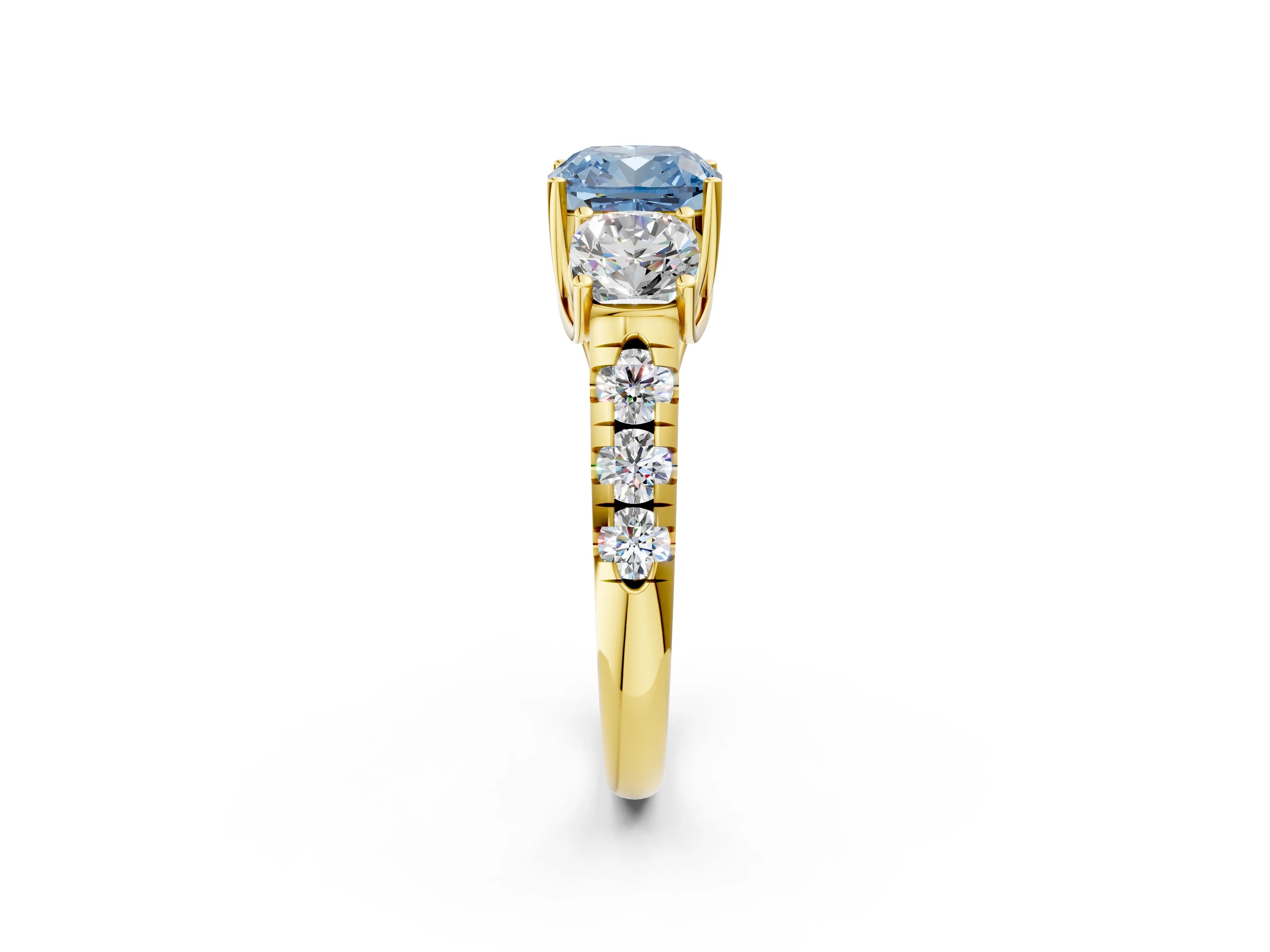 Yellow gold Three-Stone Fancy Blue Cushion Cut Diamond Pavé Band with Prong Setting_2