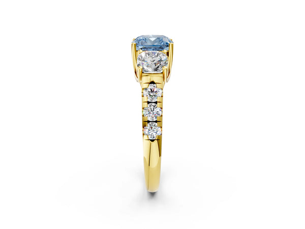 Yellow gold Three-Stone Fancy Blue Cushion Cut Diamond Pavé Band with Prong Setting