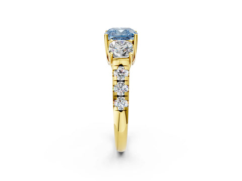 Yellow gold Three-Stone Fancy Blue Cushion Cut Diamond Pavé Band with Prong Setting_2
