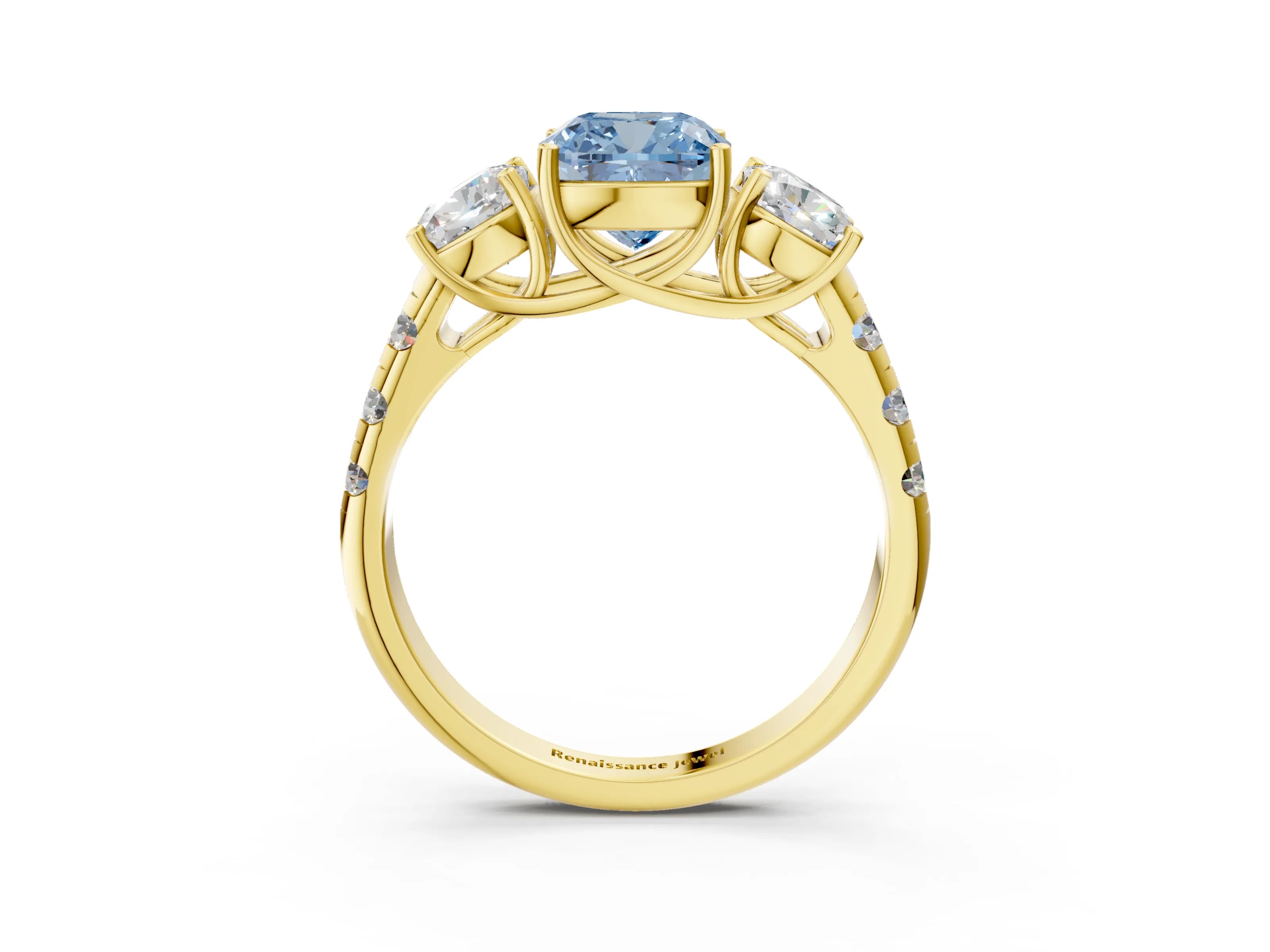 Yellow gold Three-Stone Fancy Blue Cushion Cut Diamond Pavé Band with Prong Setting_3