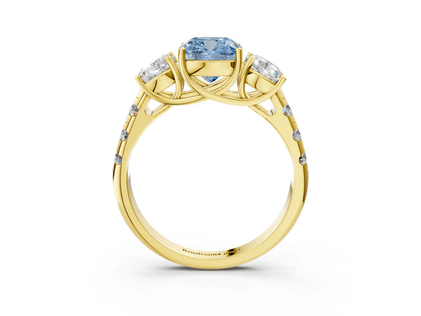 Yellow gold Three-Stone Fancy Blue Cushion Cut Diamond Pavé Band with Prong Setting