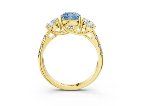 Yellow gold Three-Stone Fancy Blue Cushion Cut Diamond Pavé Band with Prong Setting_3