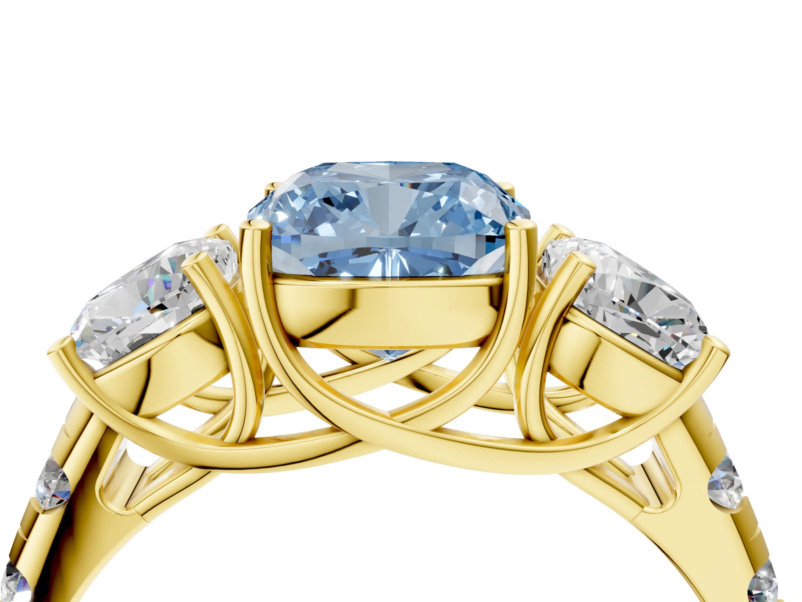 Yellow gold Three-Stone Fancy Blue Cushion Cut Diamond Pavé Band with Prong Setting_4