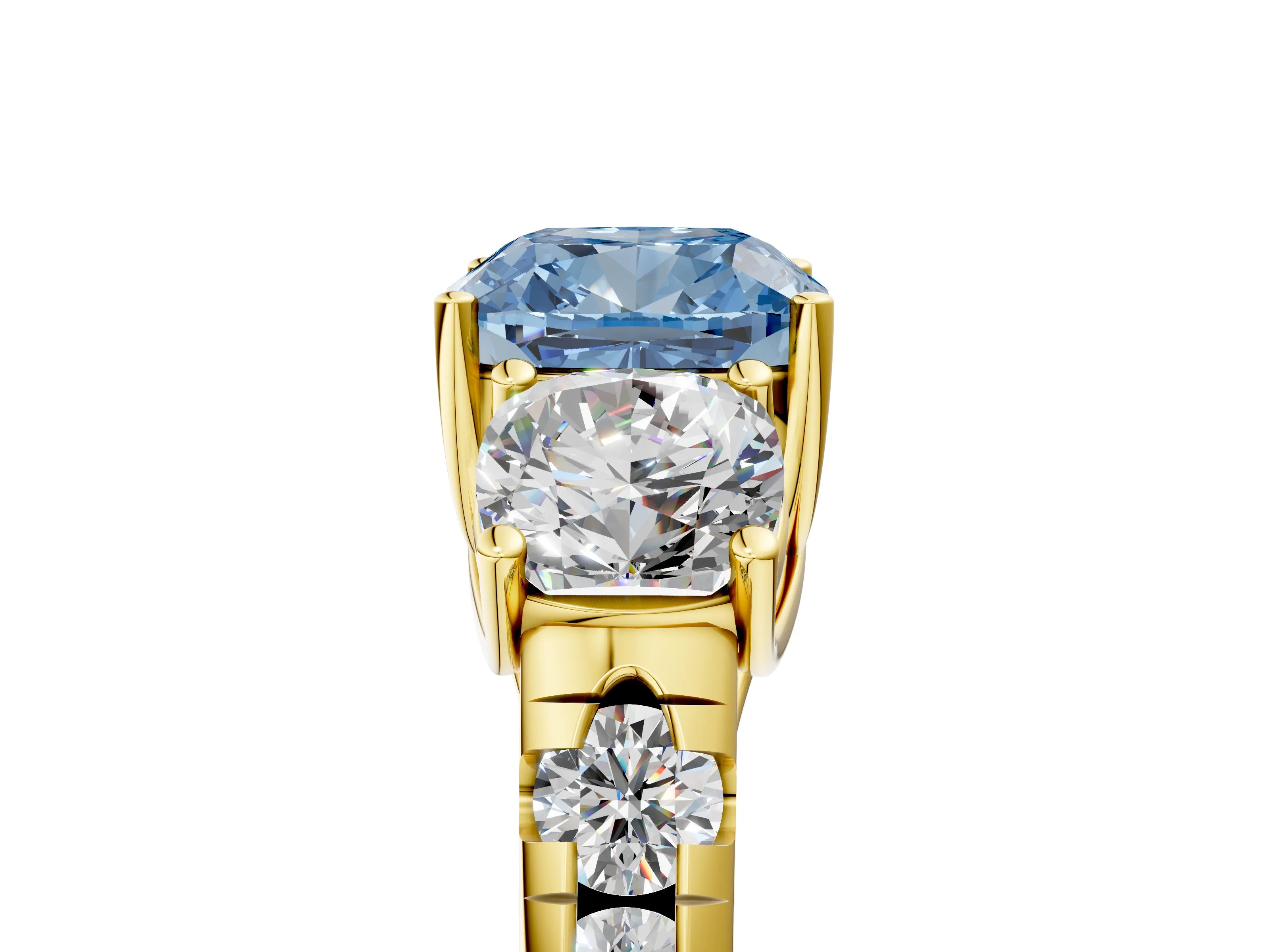 Yellow gold Three-Stone Fancy Blue Cushion Cut Diamond Pavé Band with Prong Setting_5
