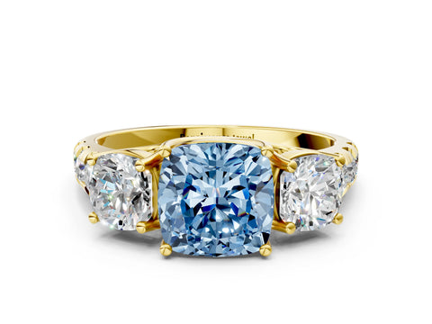 Yellow gold Three-Stone Fancy Blue Cushion Cut Diamond Pavé Band with Prong Setting