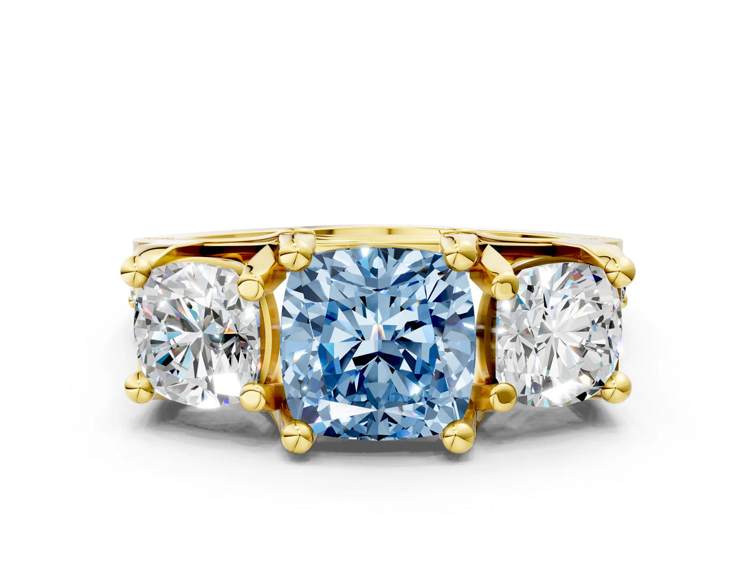 Yellow gold Three-Stone Fancy Blue Cushion  Cut Diamond Ring with Channel-Set Band and Four-Prong Setting_57