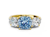 Yellow gold Three-Stone Fancy Blue Cushion Cut Diamond Ring with Pavé Band and Prong Setting_90