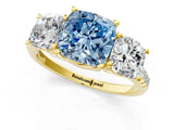 Yellow gold Three-Stone Fancy Blue Cushion Cut Diamond Ring with Pavé Band and Prong Setting_91