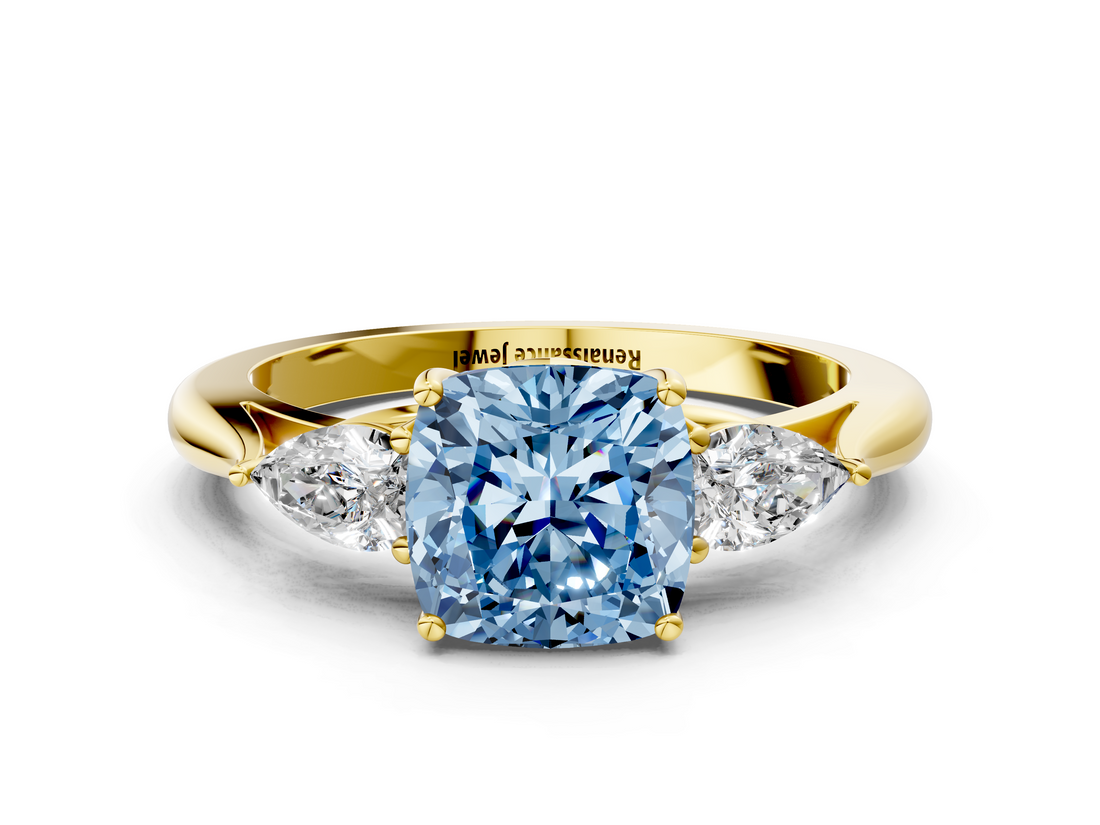 Yellow gold Three-Stone Fancy Blue Cushion  Cut Diamond Ring with Pear Side Stones in Four-Prong Setting_109