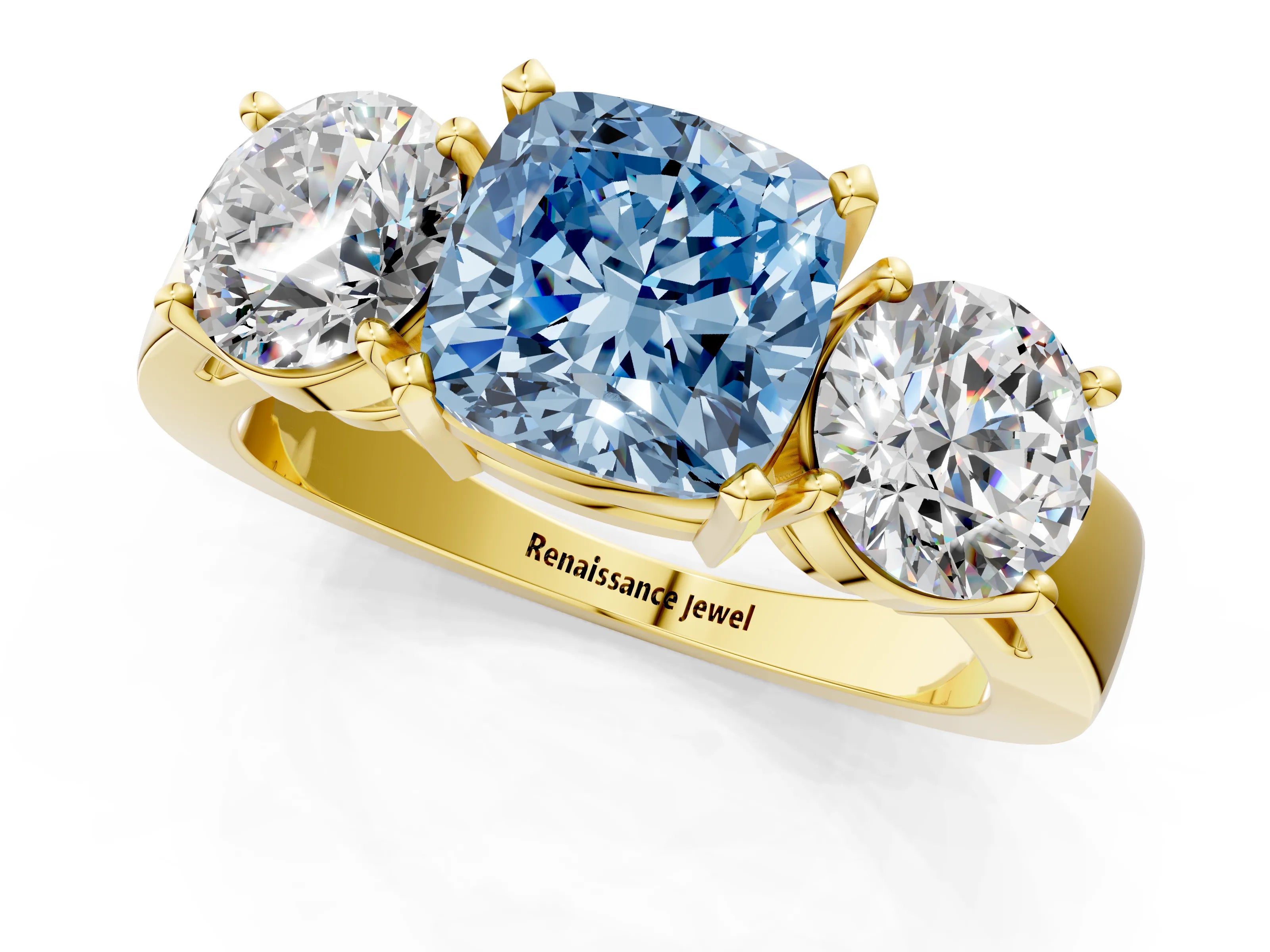Yellow gold Three-Stone Fancy Blue Cushion Cut Diamond Ring with Round Side Stones, Classic Band, and Four-Prong Setting_1