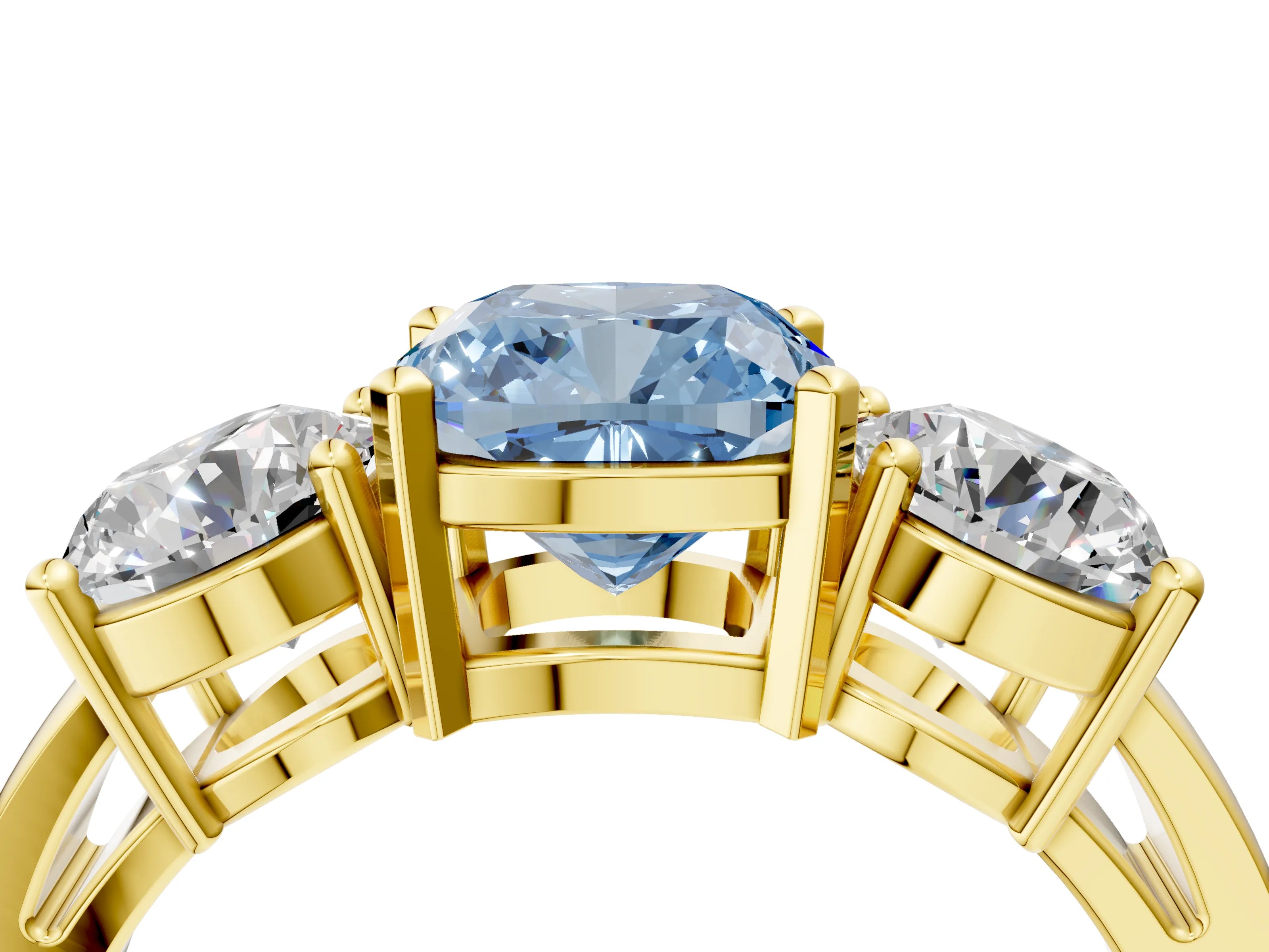 Yellow gold Three-Stone Fancy Blue Cushion Cut Diamond Ring with Round Side Stones, Classic Band, and Four-Prong Setting_4