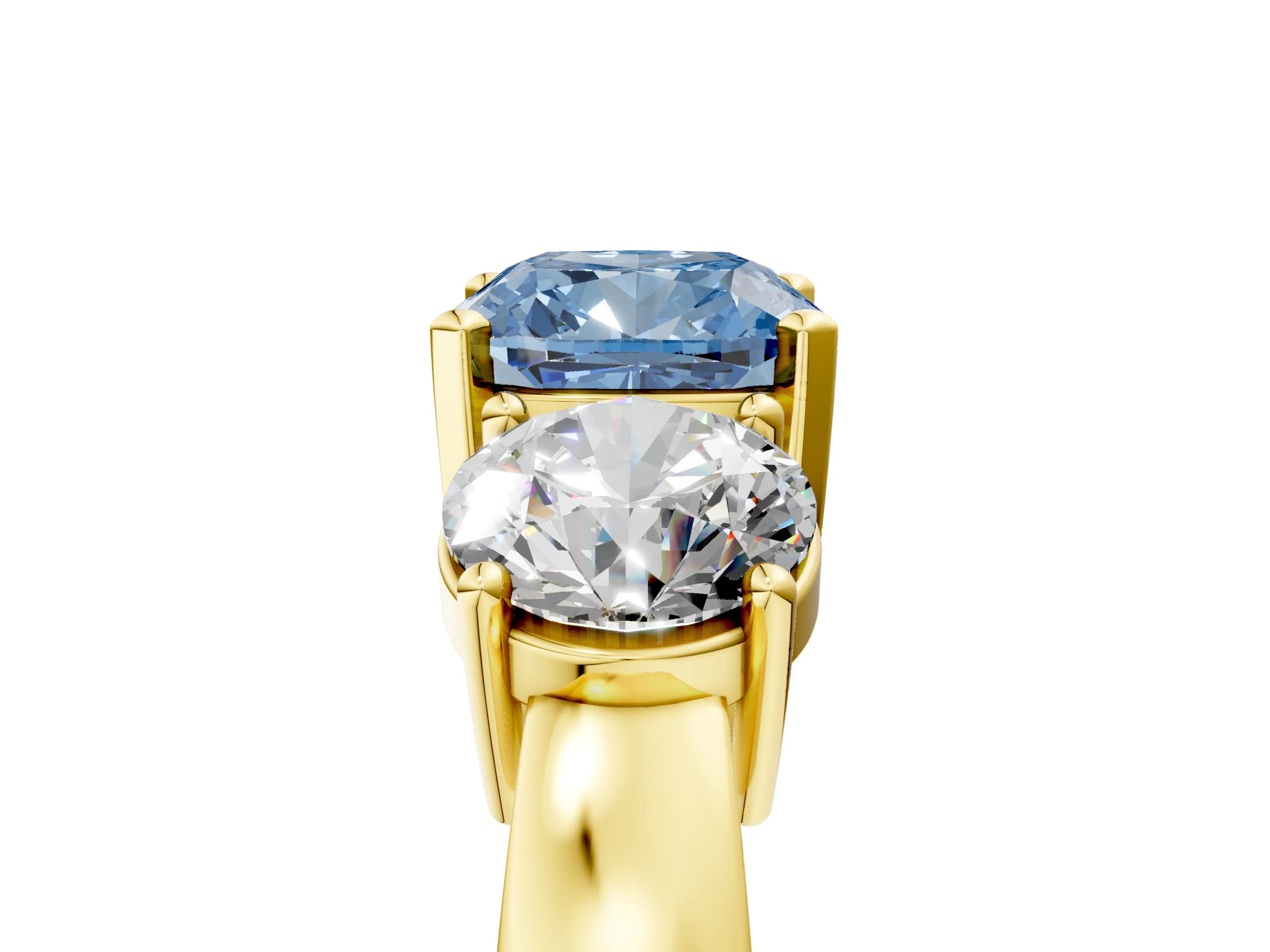Yellow gold Three-Stone Fancy Blue Cushion Cut Diamond Ring with Round Side Stones, Classic Band, and Four-Prong Setting_5