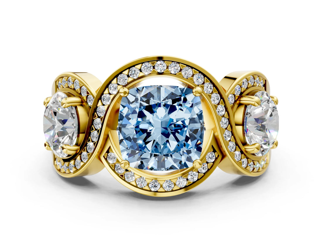 Yellow gold Three-Stone Fancy Blue Cushion Cut Diamond Wave Pave Band with Prong Setting