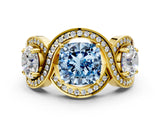 Yellow gold Three-Stone Fancy Blue Cushion Cut Diamond Wave Pave Band with Prong Setting