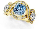 Yellow gold Three-Stone Fancy Blue Cushion Cut Diamond Wave Pave Band with Prong Setting_1