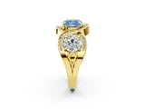 Yellow gold Three-Stone Fancy Blue Cushion Cut Diamond Wave Pave Band with Prong Setting_2