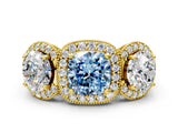 Yellow gold Three-Stone Fancy Blue Cushion Cut Halo Diamond Milgrain Band with Four-Prong Setting