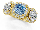 Yellow gold Three-Stone Fancy Blue Cushion Cut Halo Diamond Milgrain Band with Four-Prong Setting_1
