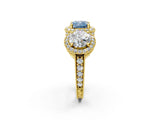 Yellow gold Three-Stone Fancy Blue Cushion Cut Halo Diamond Milgrain Band with Four-Prong Setting_2