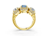 Yellow gold Three-Stone Fancy Blue Cushion Cut Halo Diamond Milgrain Band with Four-Prong Setting_3