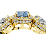 Yellow gold Three-Stone Fancy Blue Cushion Cut Halo Diamond Milgrain Band with Four-Prong Setting_4