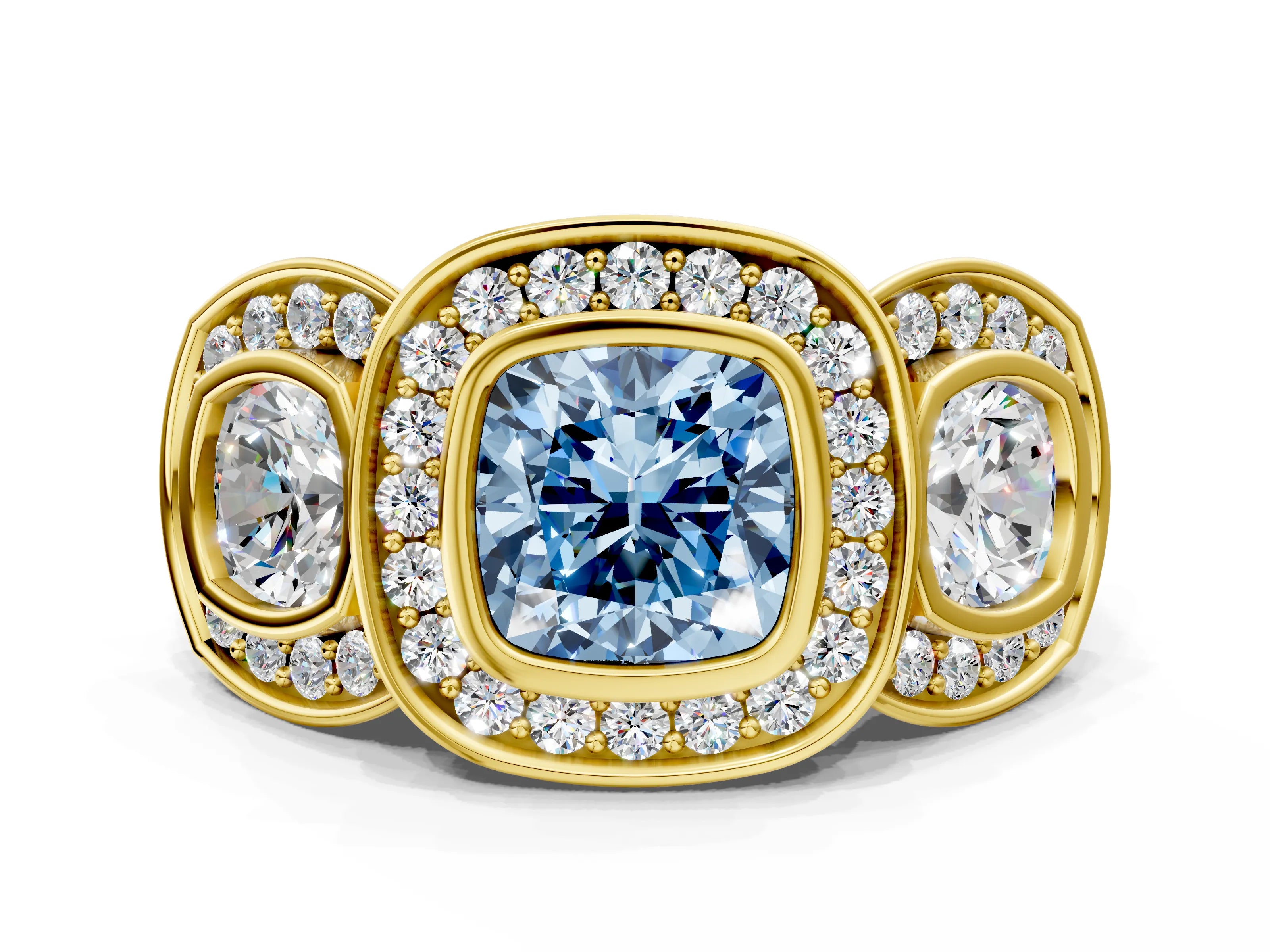 Yellow gold Three-Stone Fancy Blue Cushion Cut Halo Pavé Diamond Ring